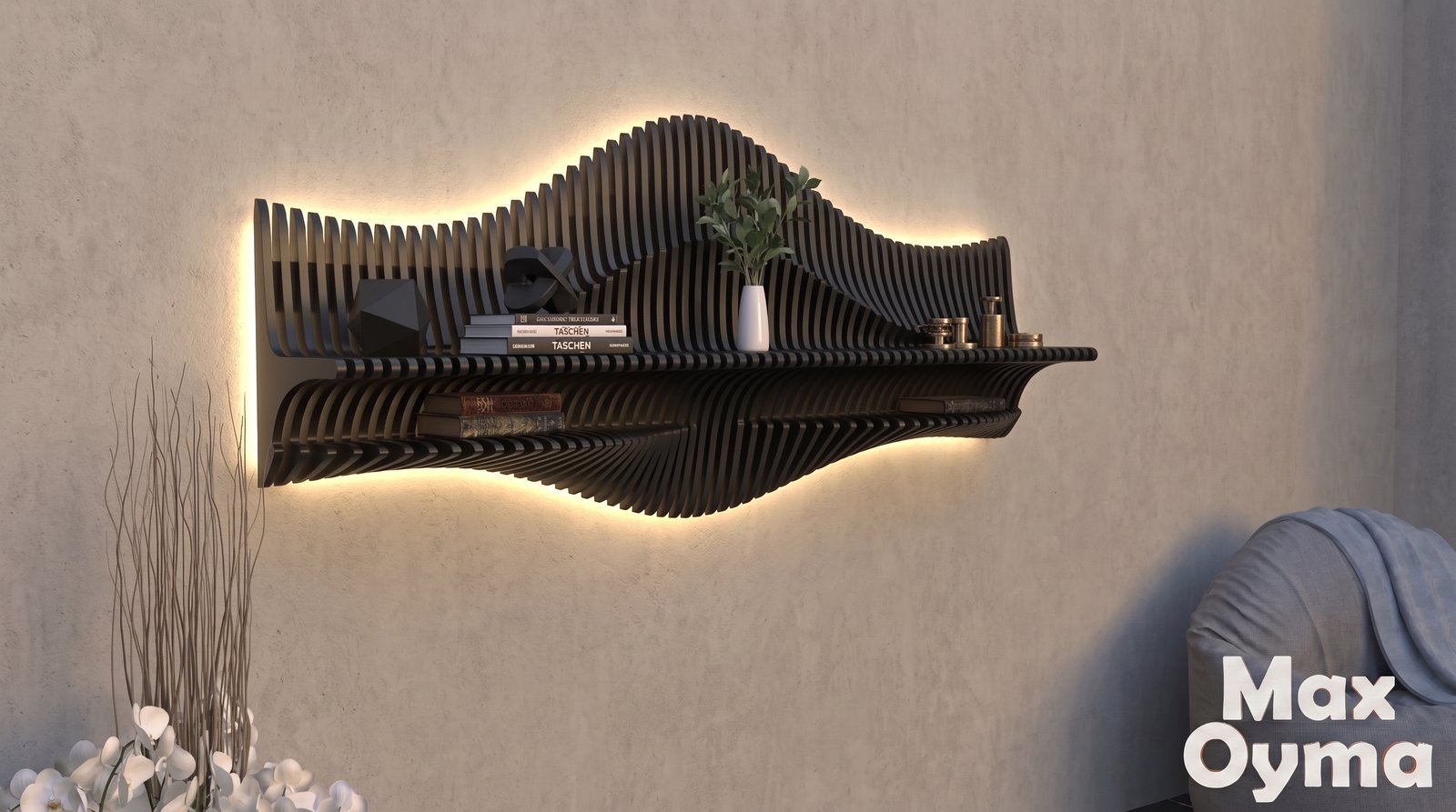 Parametric Wavy Wooden Bookshelf – CNC files for cutting Para (030)